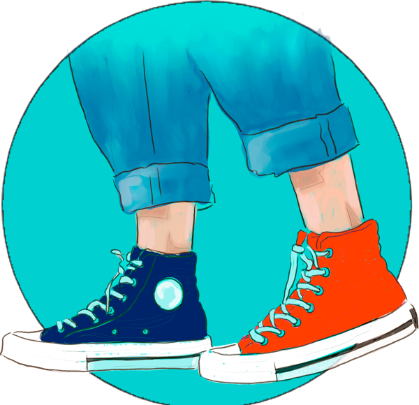 Ilustración de La Marimoños: zapatillas altas azul marino y naranja sobre un círculo turquesa
